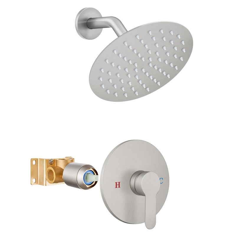 Airuida Shower Faucet Set,8 Inch Round Rainfall Shower Head,SUS304 Stainless Steel Single Handle Shower Trim Kit,Wall Mount Bathroom System with Female Threads Valve Brushed Nickel - Image 1